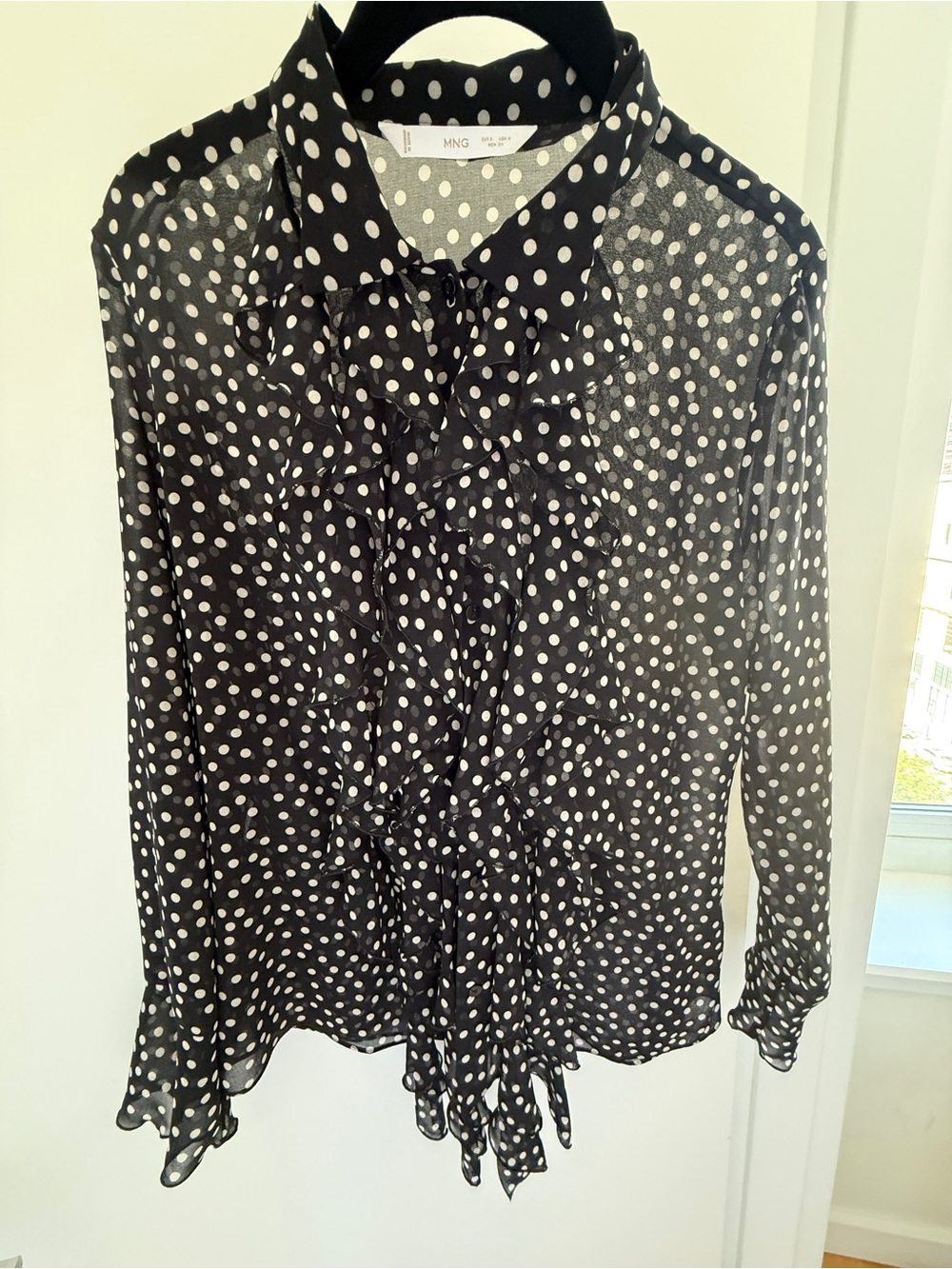 Mango Black Polka Dot Ruffle Front Blouse